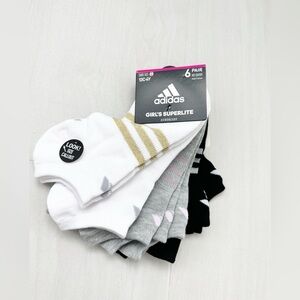 NWT Adidas Girl's Superlite Socks 6 Pair No Show Size M White Black Gray RARE